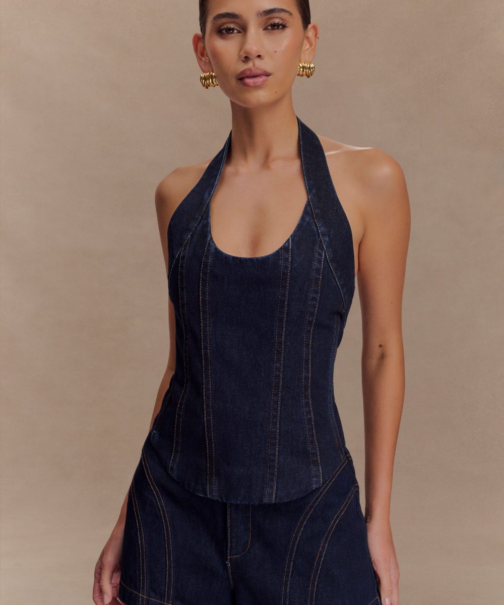 Meadow Denim Corset Halter Top - Indigo Blue