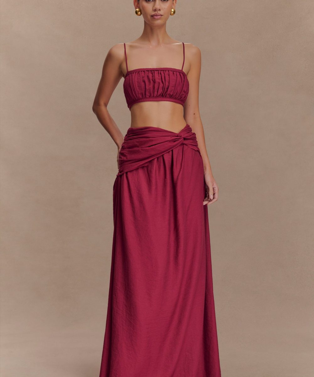 Scottie Gathered Linen Knot Maxi Skirt - Wine