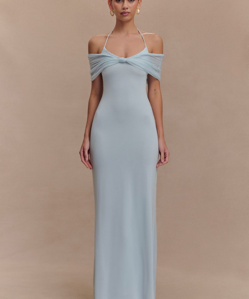 Bernadina Mesh And Slinky Halter Maxi Dress - Pale Blue