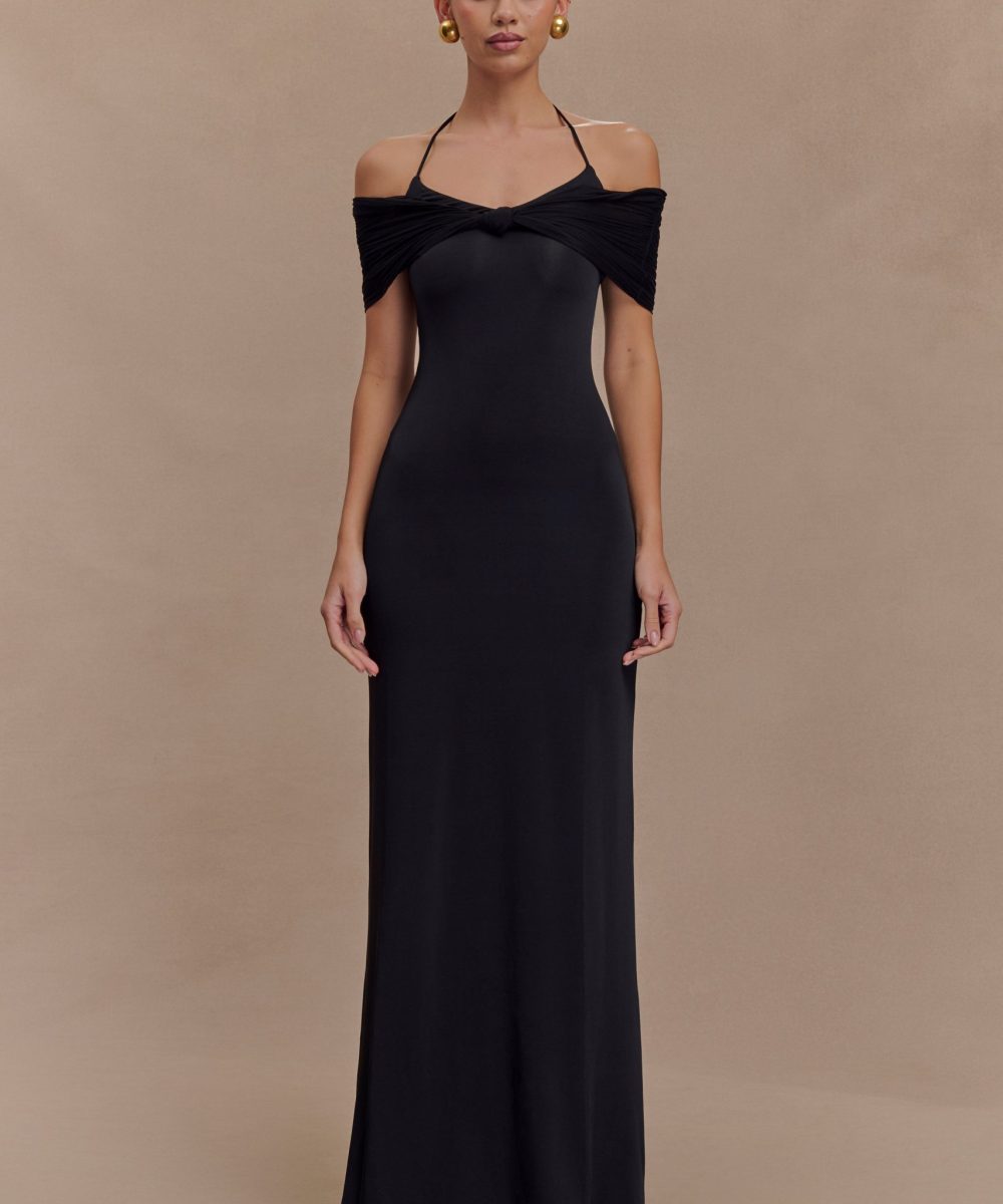 Bernadina Mesh And Slinky Halter Maxi Dress - Black
