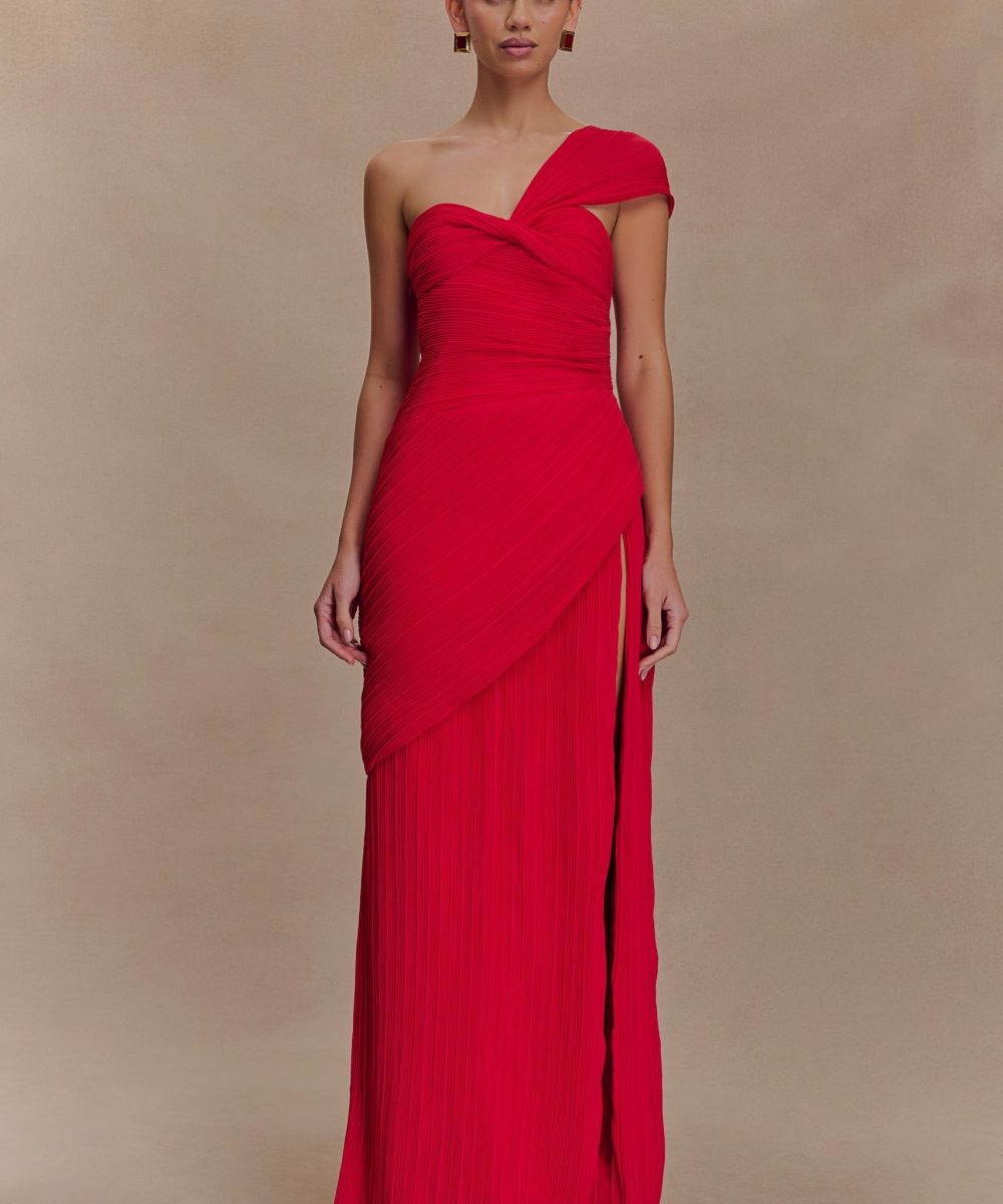Tamara Shirred Chiffon Midi Dress - Red