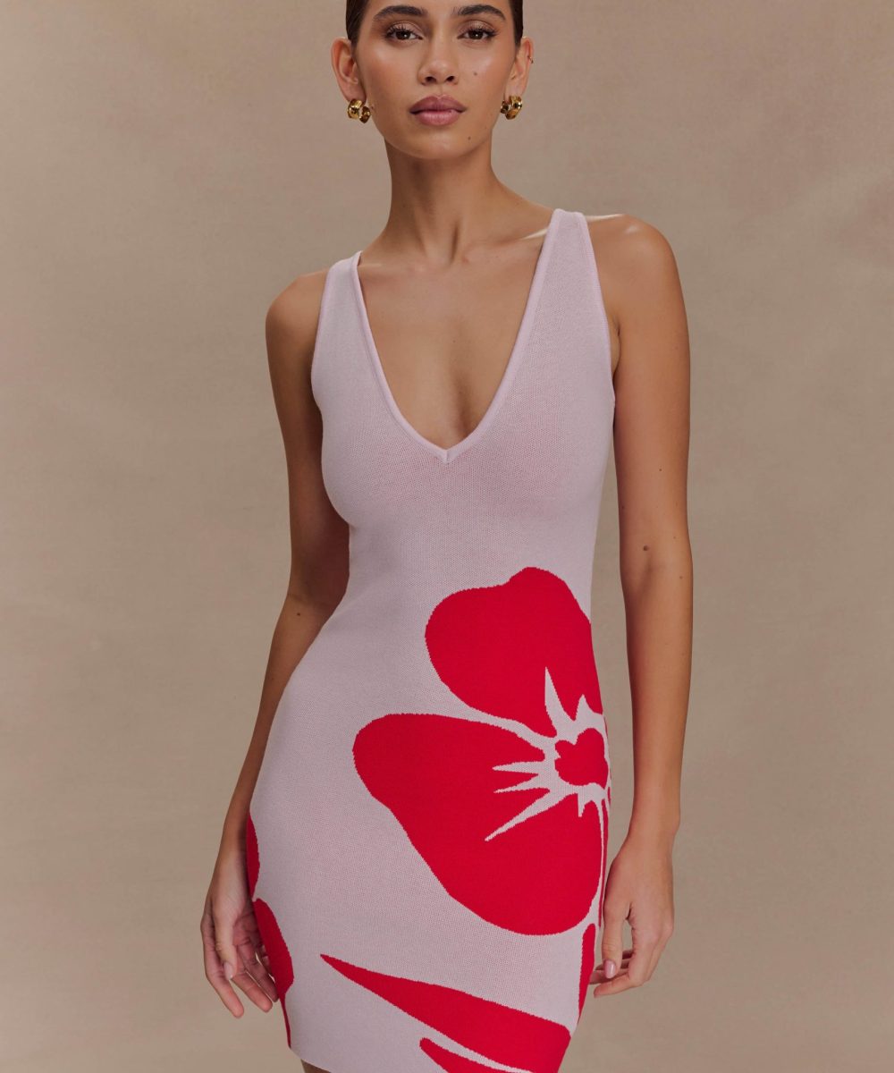 Dorothy Knit Print Mini Dress - Red Deco Fleur Print