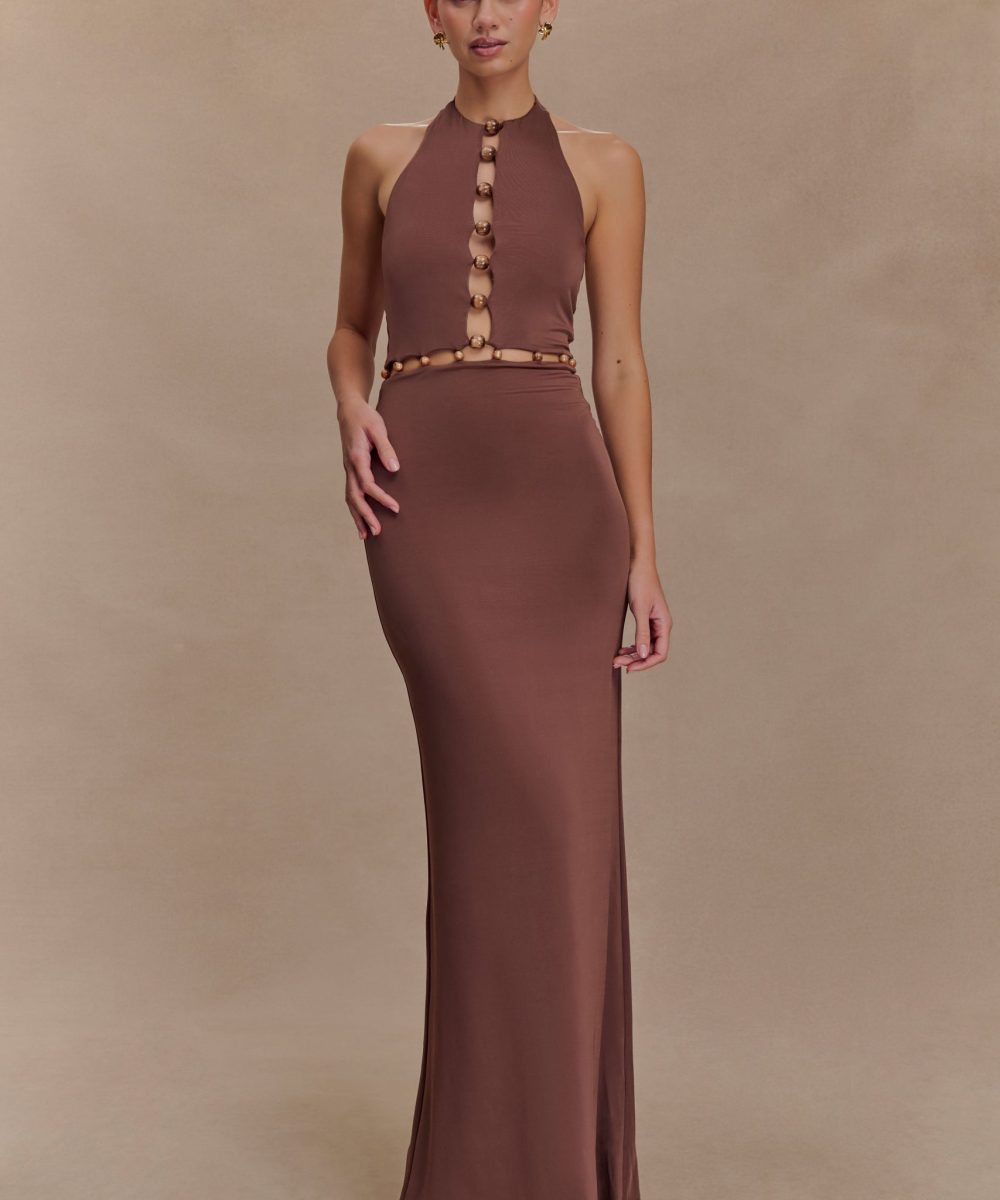 Albion Beaded Slinky Maxi Dress - Chocolate