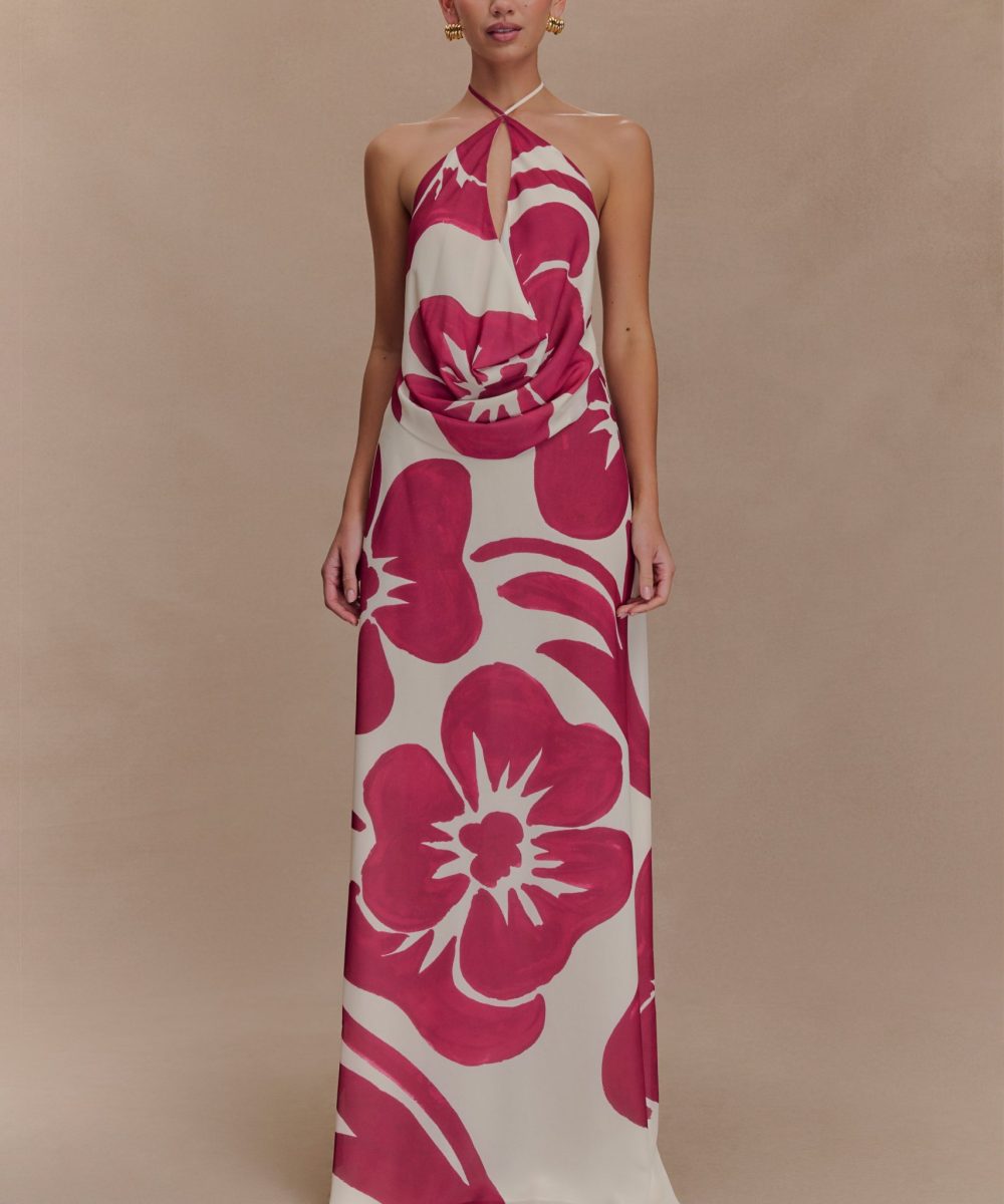 Katalina Chiffon Maxi Skirt - Red Deco Fleur Print