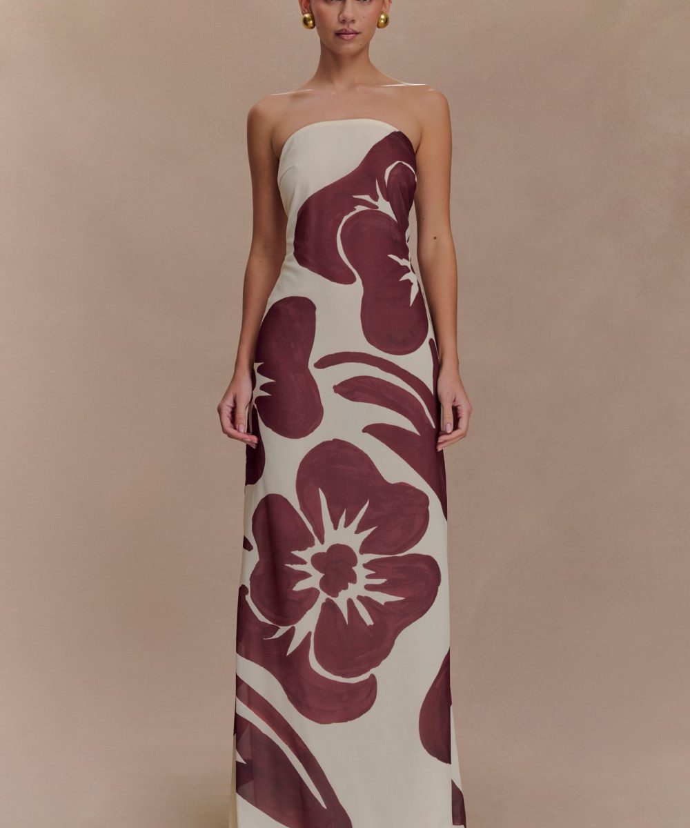Amaya Strapless Chiffon Maxi Dress - Brown Deco Fleur Print