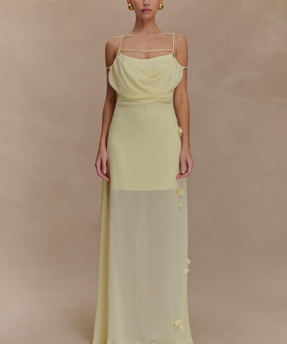 Rosalie Floral Chiffon Maxi Dress - Pastel Lemon