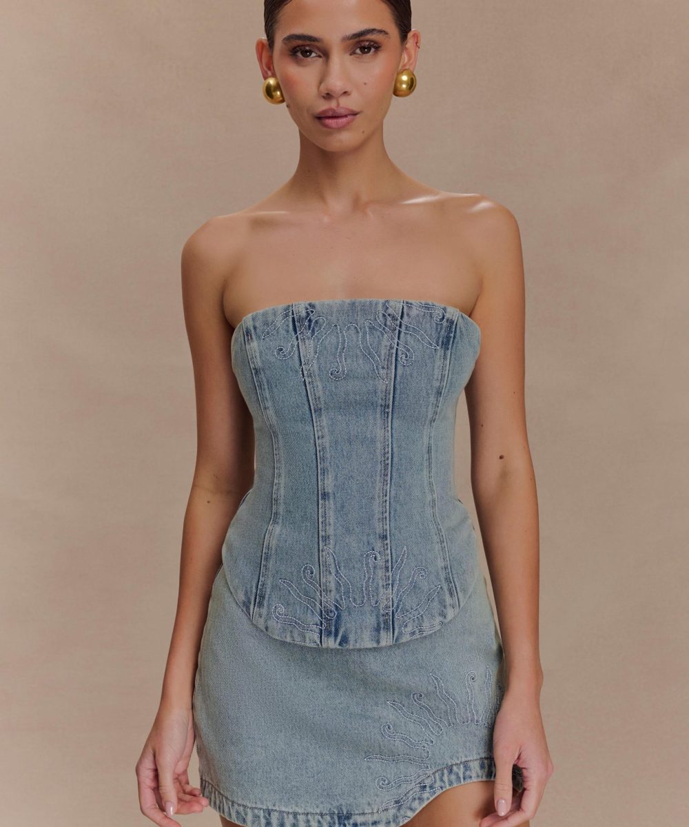 Alessia Embroidered Denim Corset - Light Vintage