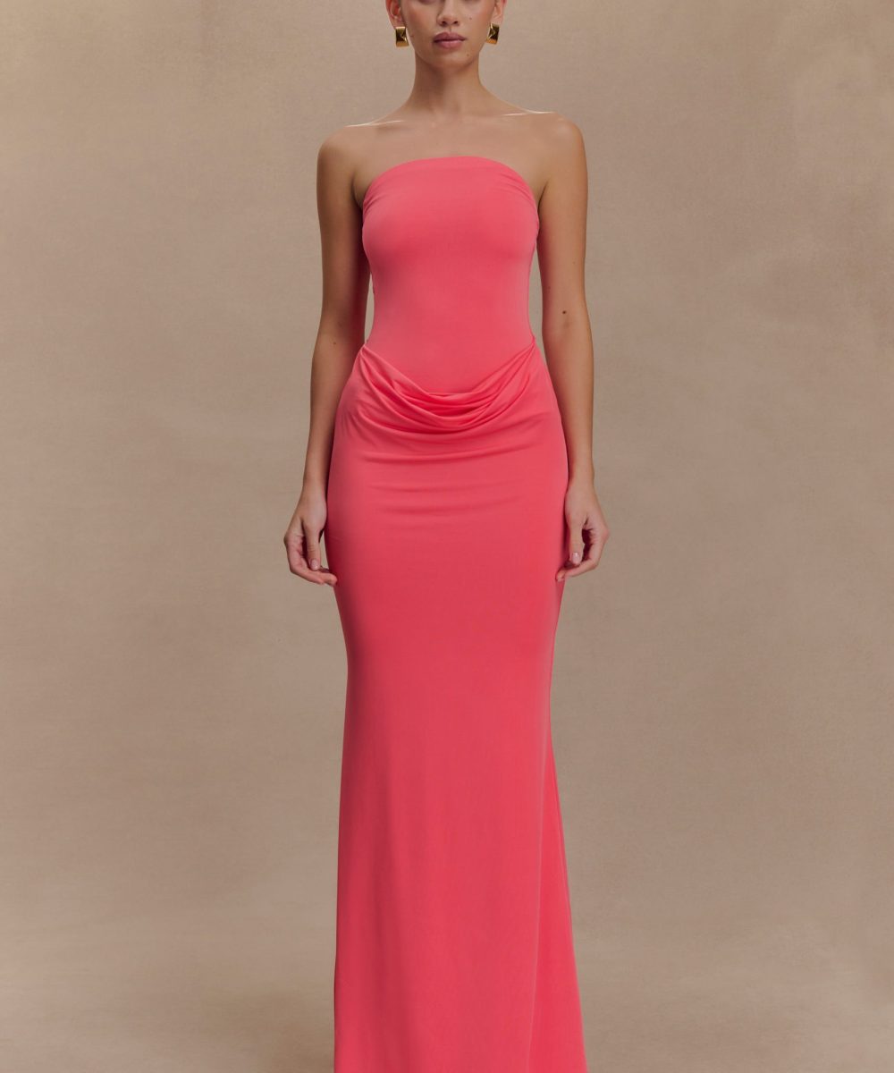 Madison Strapless Slinky Maxi Dress - Coral