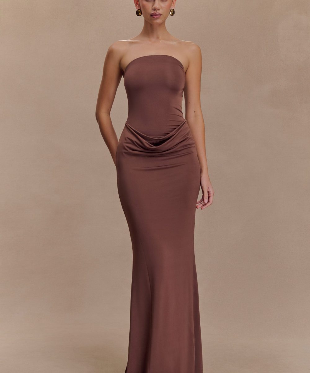 Madison Strapless Slinky Maxi Dress - Chocolate