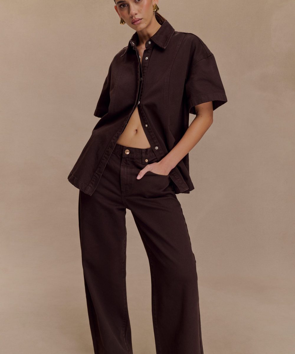 Maya Oversized Denim Shirt - Chocolate