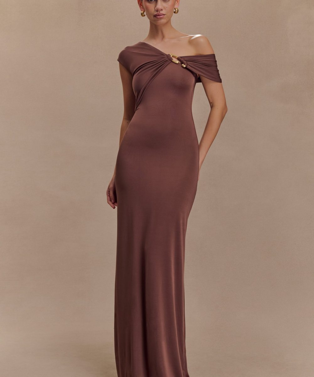 Ashford Asymmetrical Slinky Maxi Dress - Chocolate