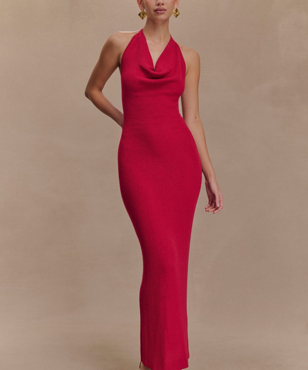 Ayella Cowl Knit Maxi Dress - Raspberry