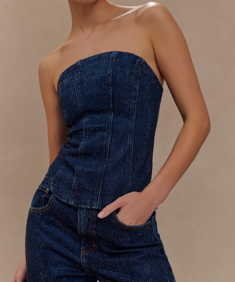 Monte Strapless Diamante Denim Corset - Midnight Blue