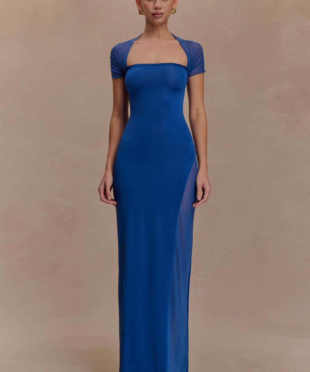 Wyatt Slinky And Mesh Maxi Dress - Cobalt Blue
