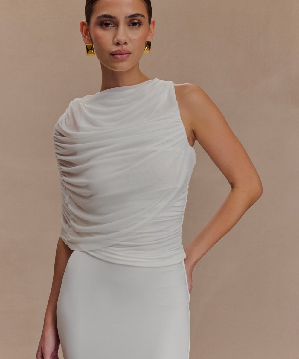 Pruedance Slinky Draped Top With Mesh Overlay - White