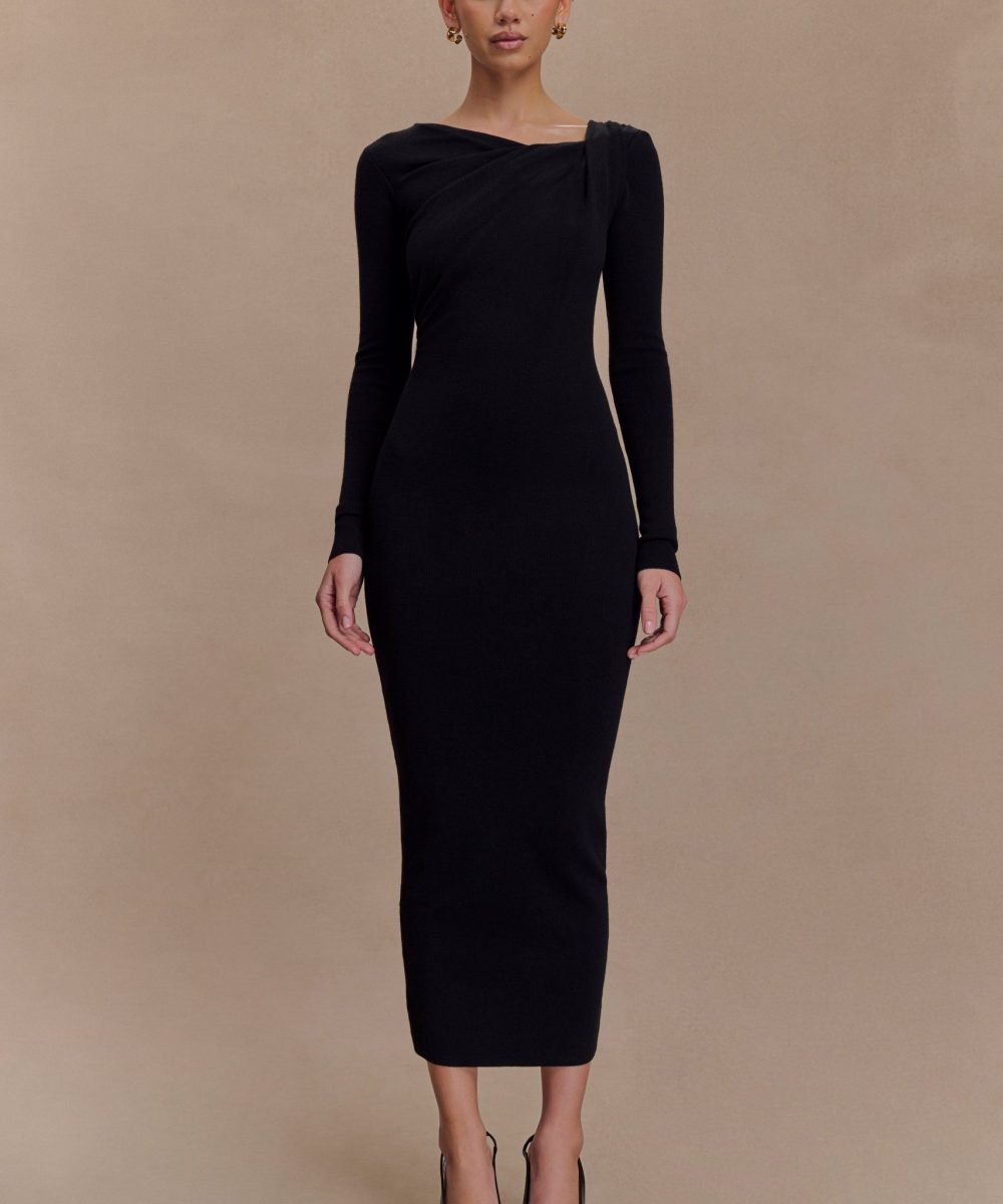 Culver Draped Twist Knit Midi Dress - Black