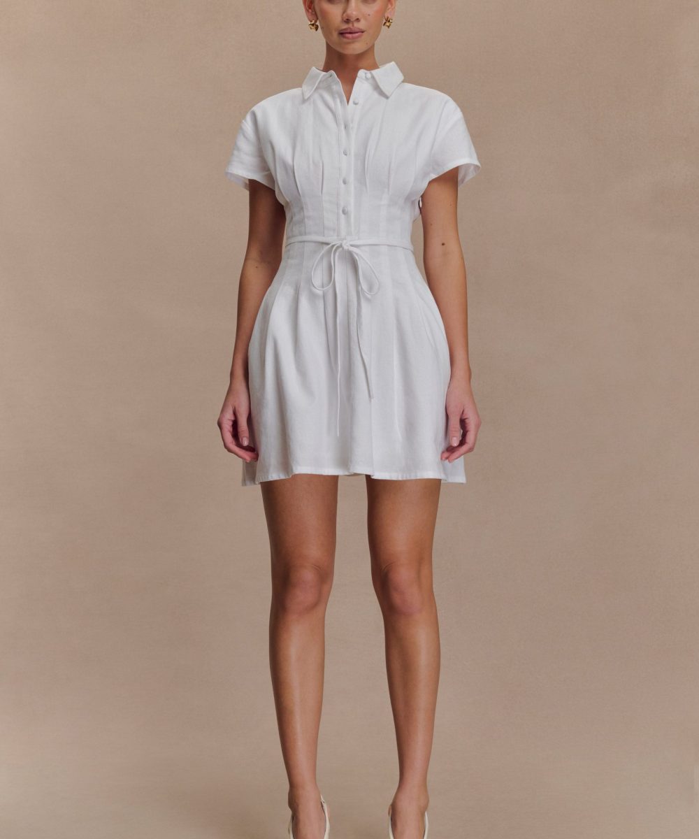 Aysha Buttoned Linen Mini Dress - White