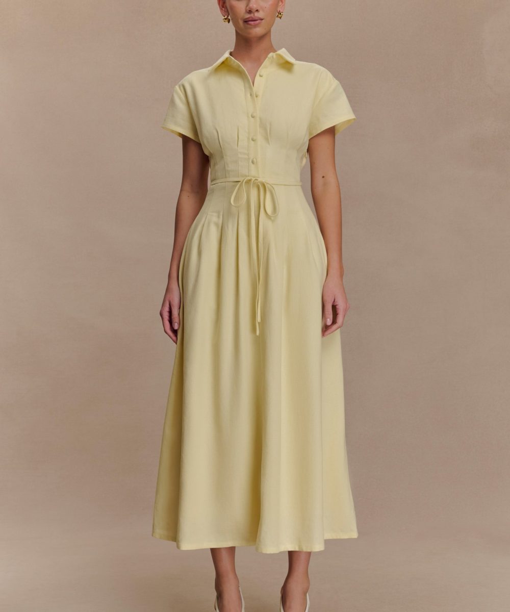 Aysha Buttoned Linen Midi Dress - Lemon