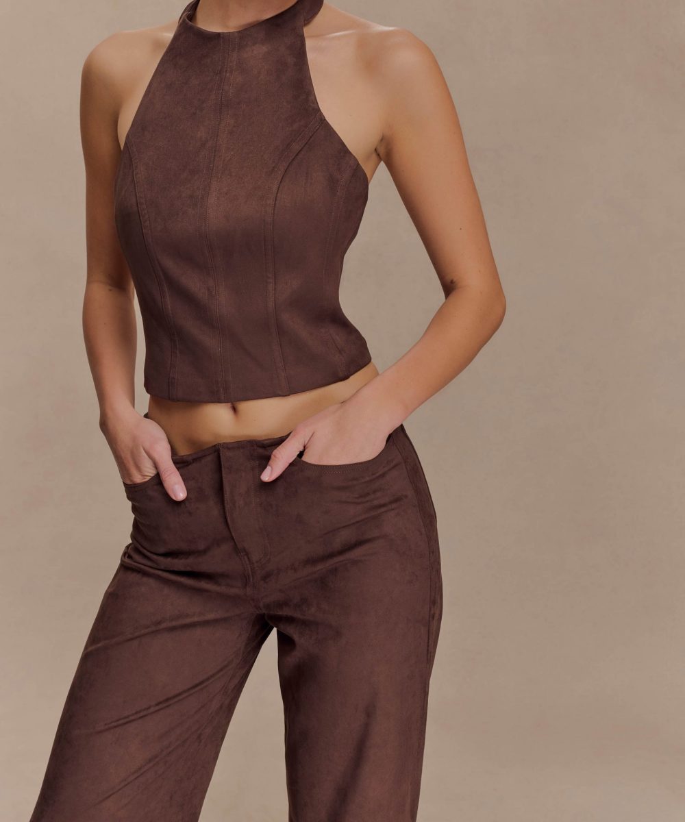 Logan Faux Suede Halter Top - Dark Chocolate