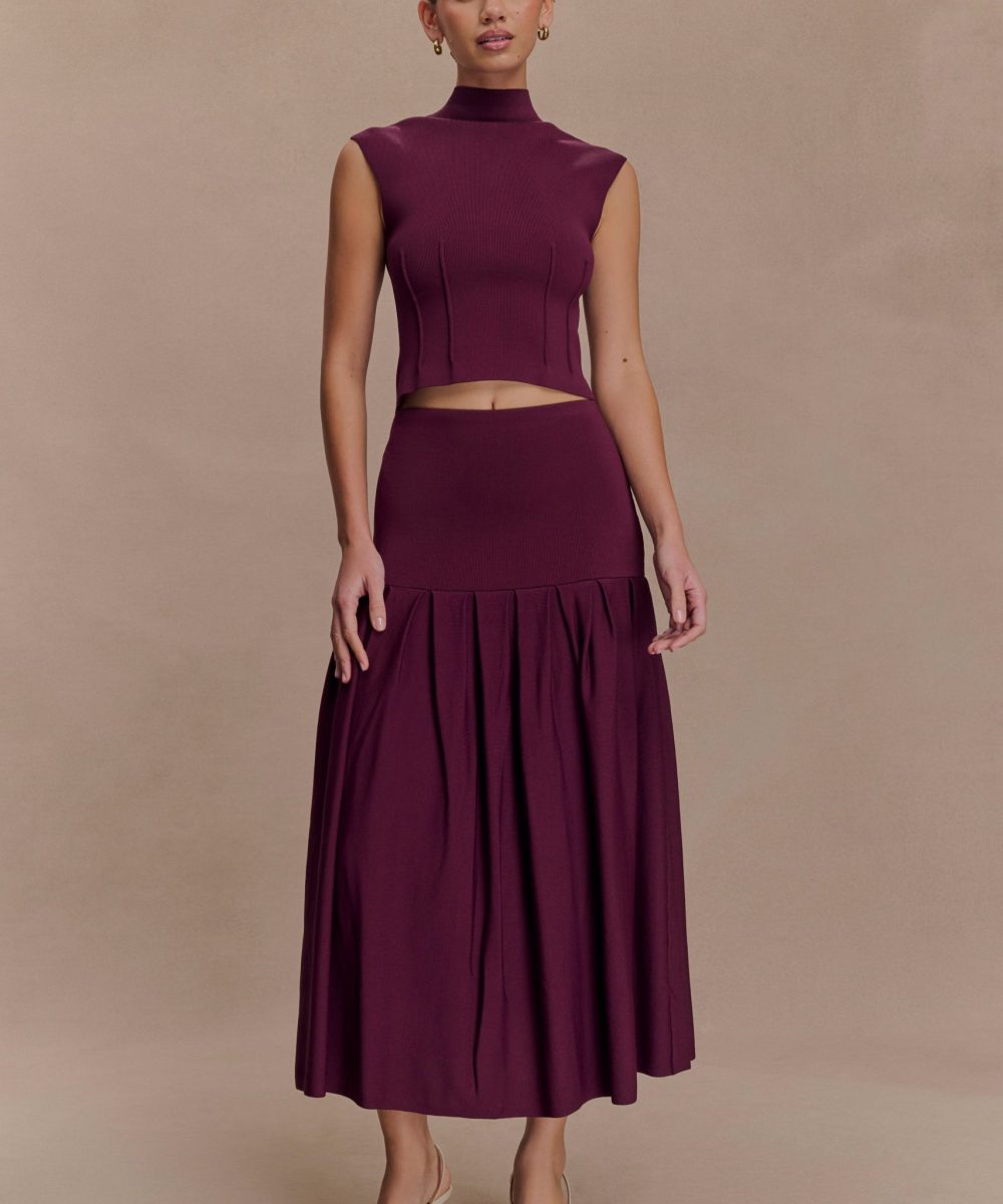 Romaine Bandage Knit Midi Skirt - Wine