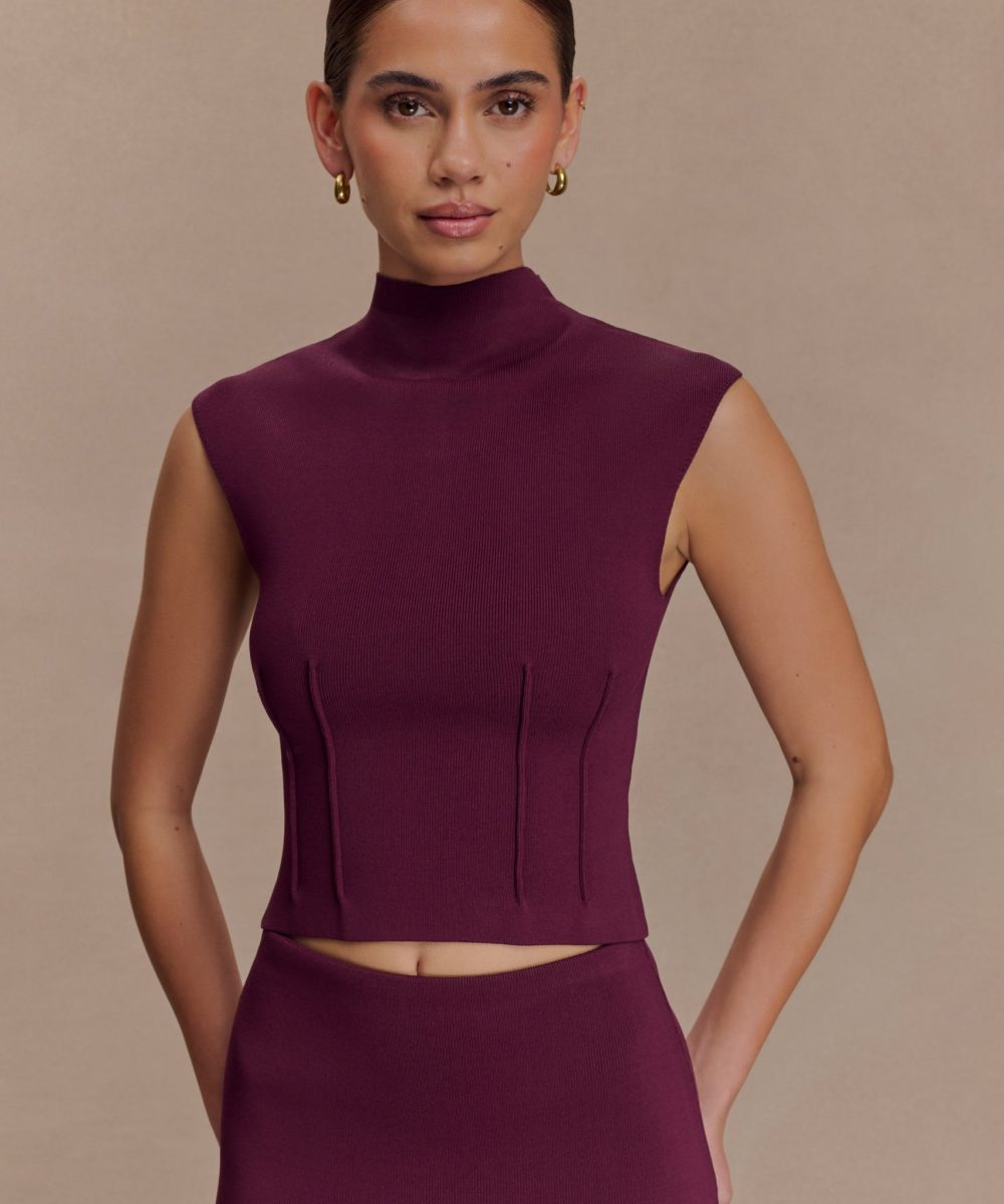 Romaine High Neck Bandage Knit Top - Wine