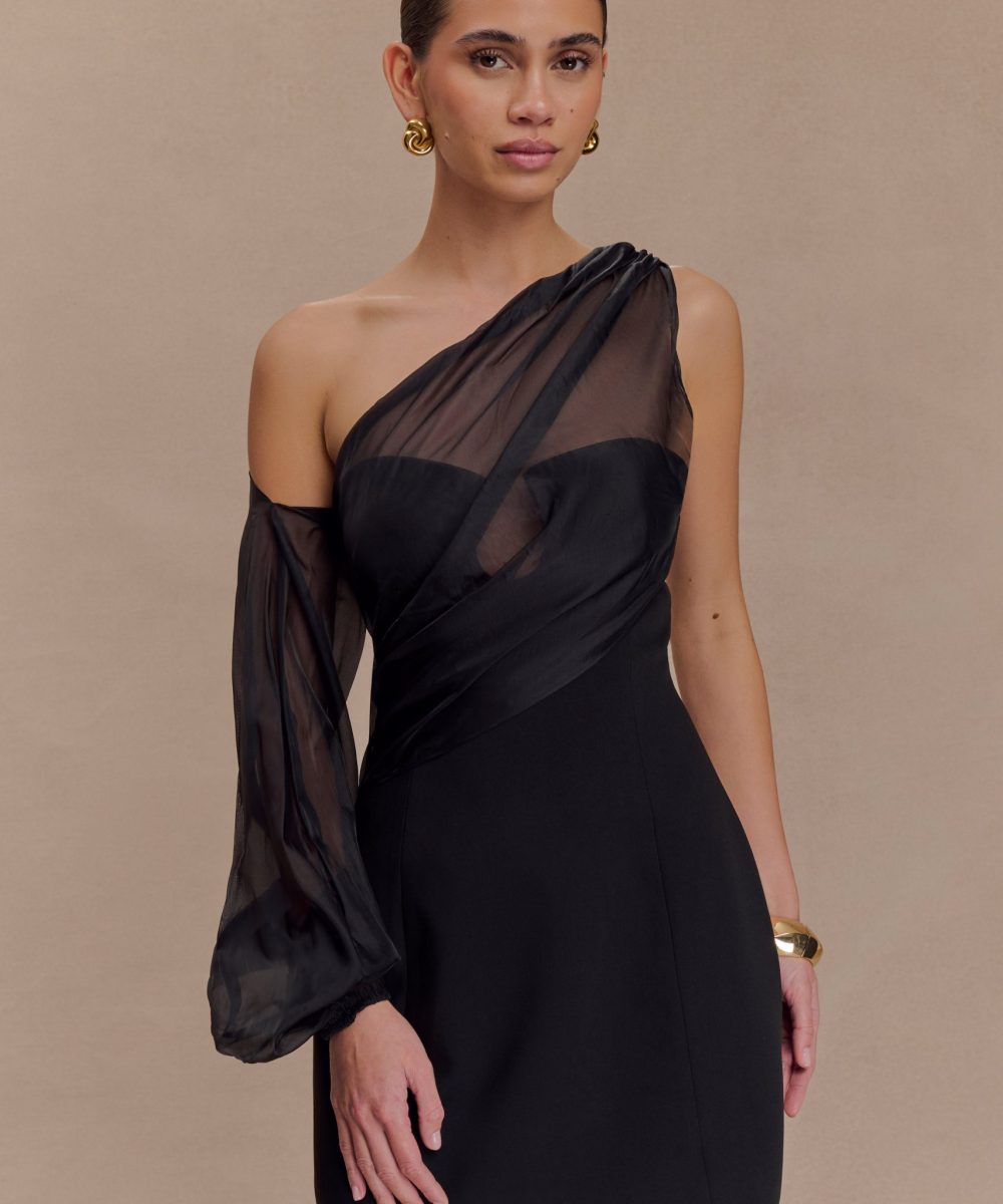 Effie Organza One Sleeve Mini Dress - Black
