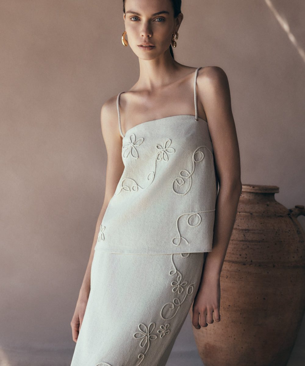 Casey Linen Corded Embroidered Linen Top - Natural