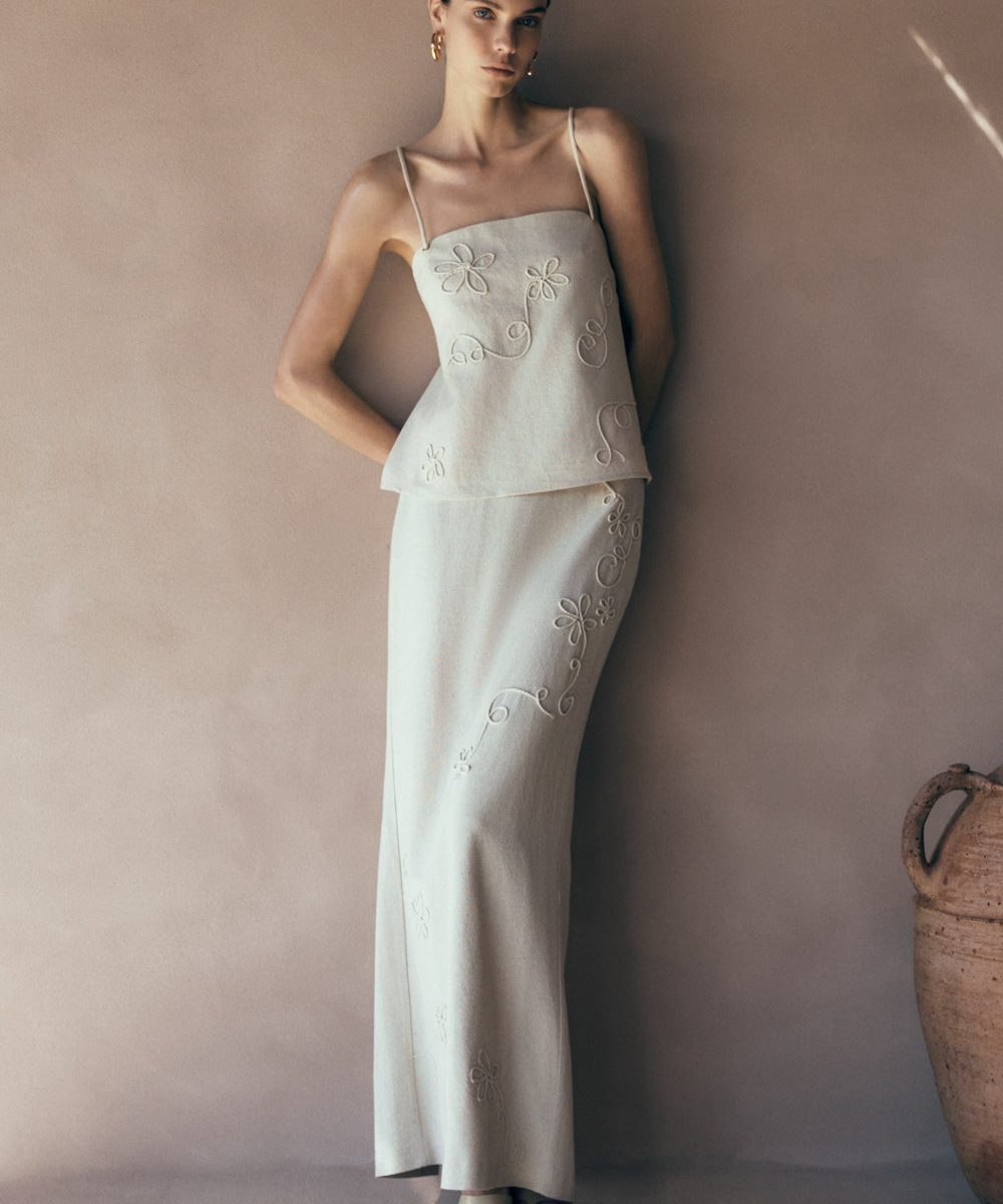 Casey Linen Embroidered Maxi Skirt - Natural
