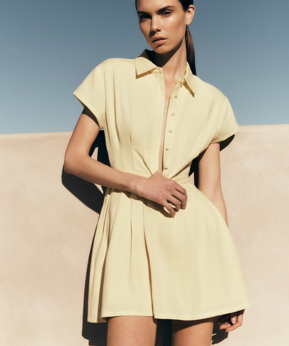 Aysha Buttoned Linen Mini Dress - Lemon