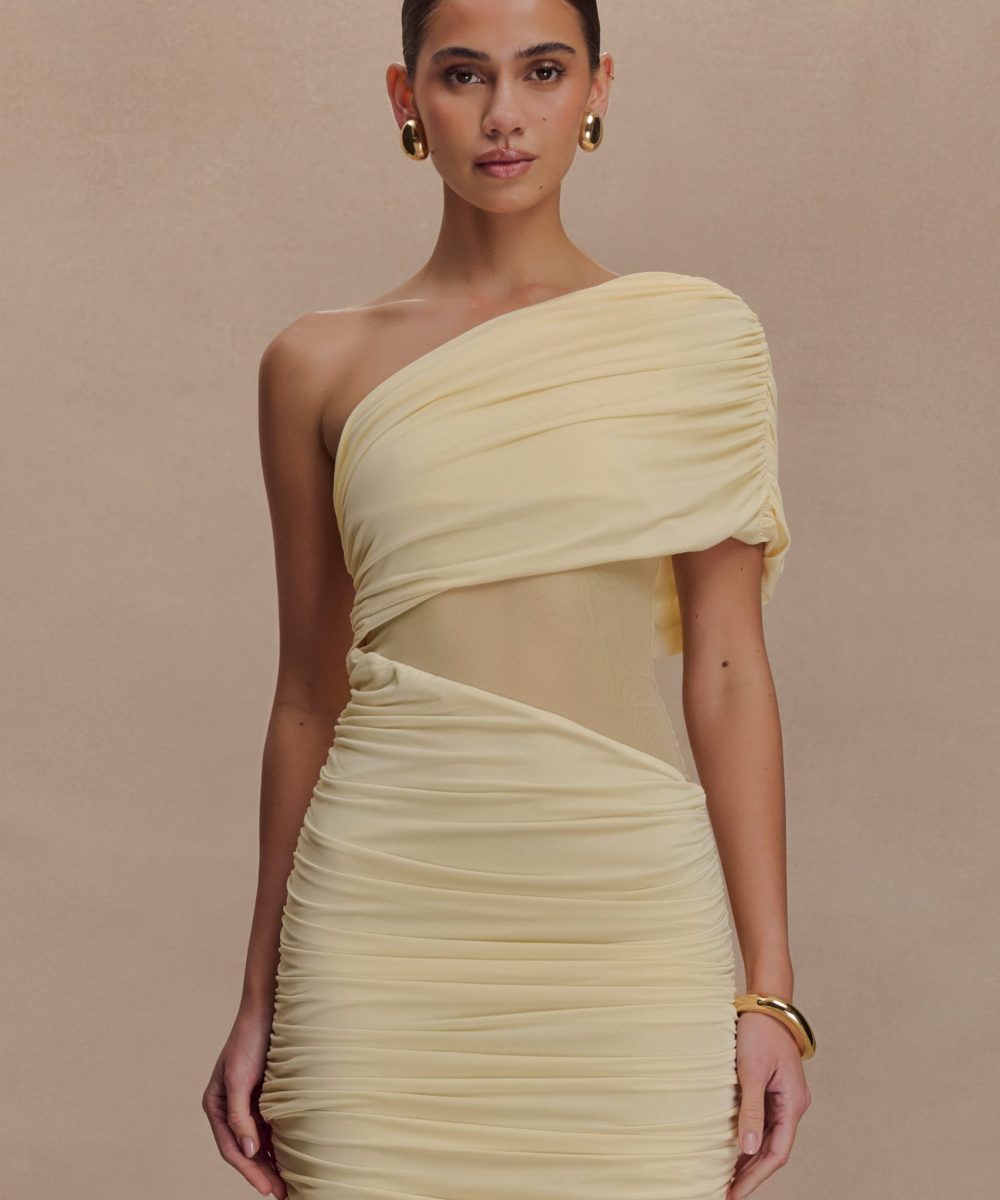 Dallas One Shoulder Mesh Mini Dress - Lemon