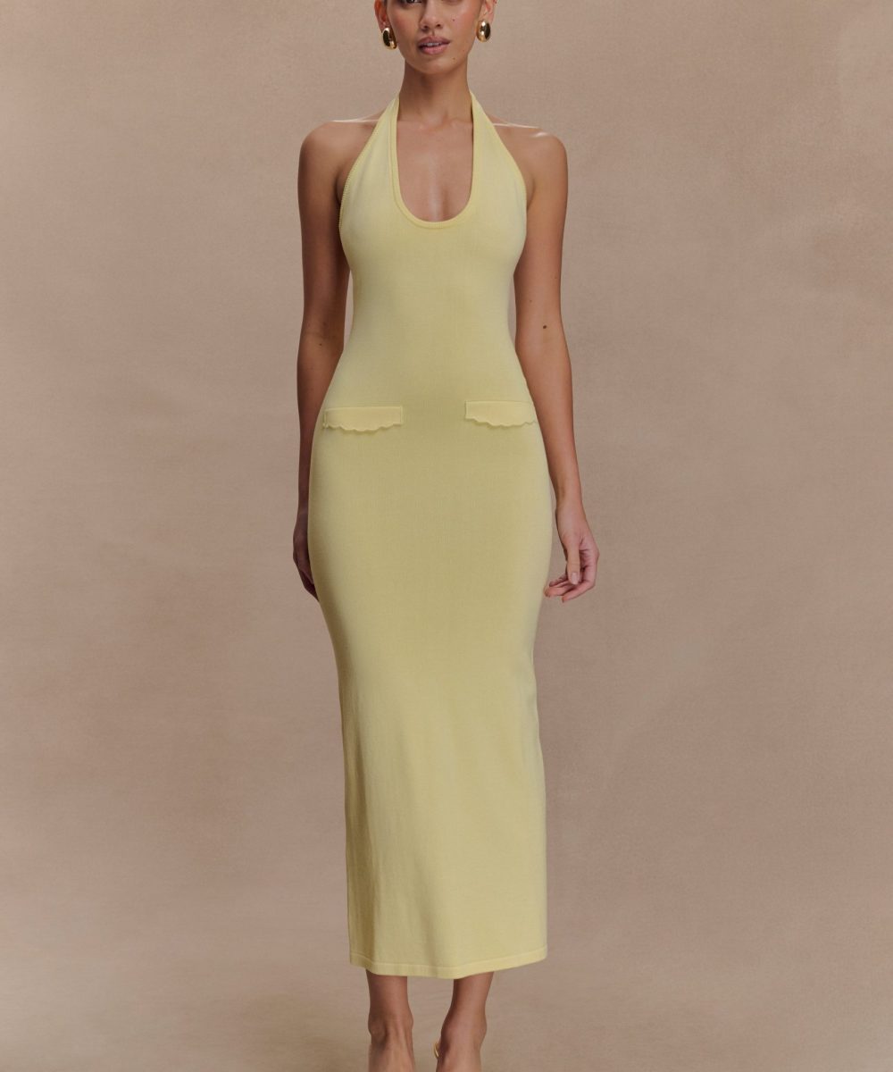 Ovina Halter Neck Knit Midi Dress - Lemon