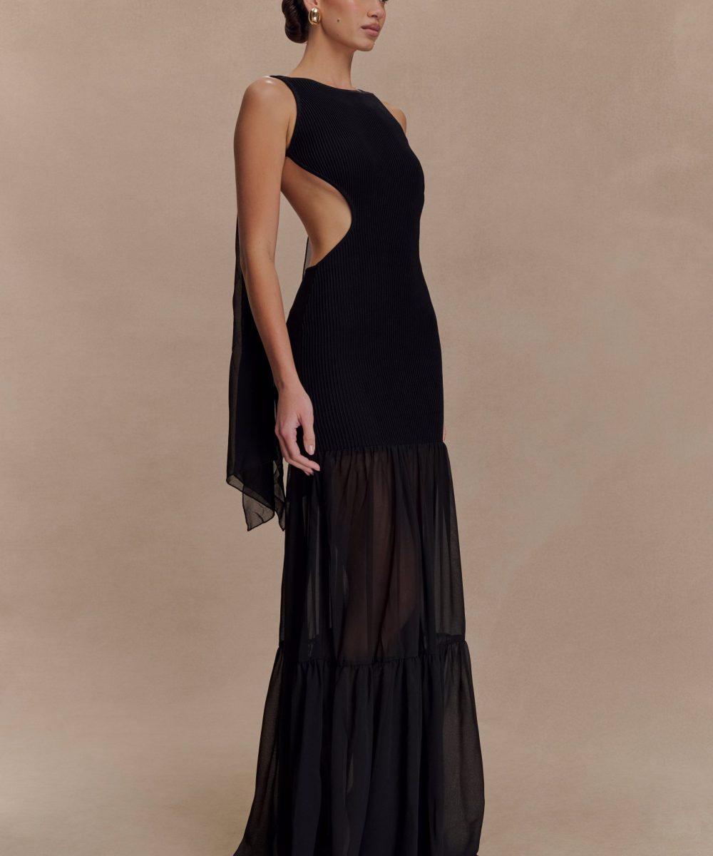 Haille Knit Chiffon Maxi Dress - Black