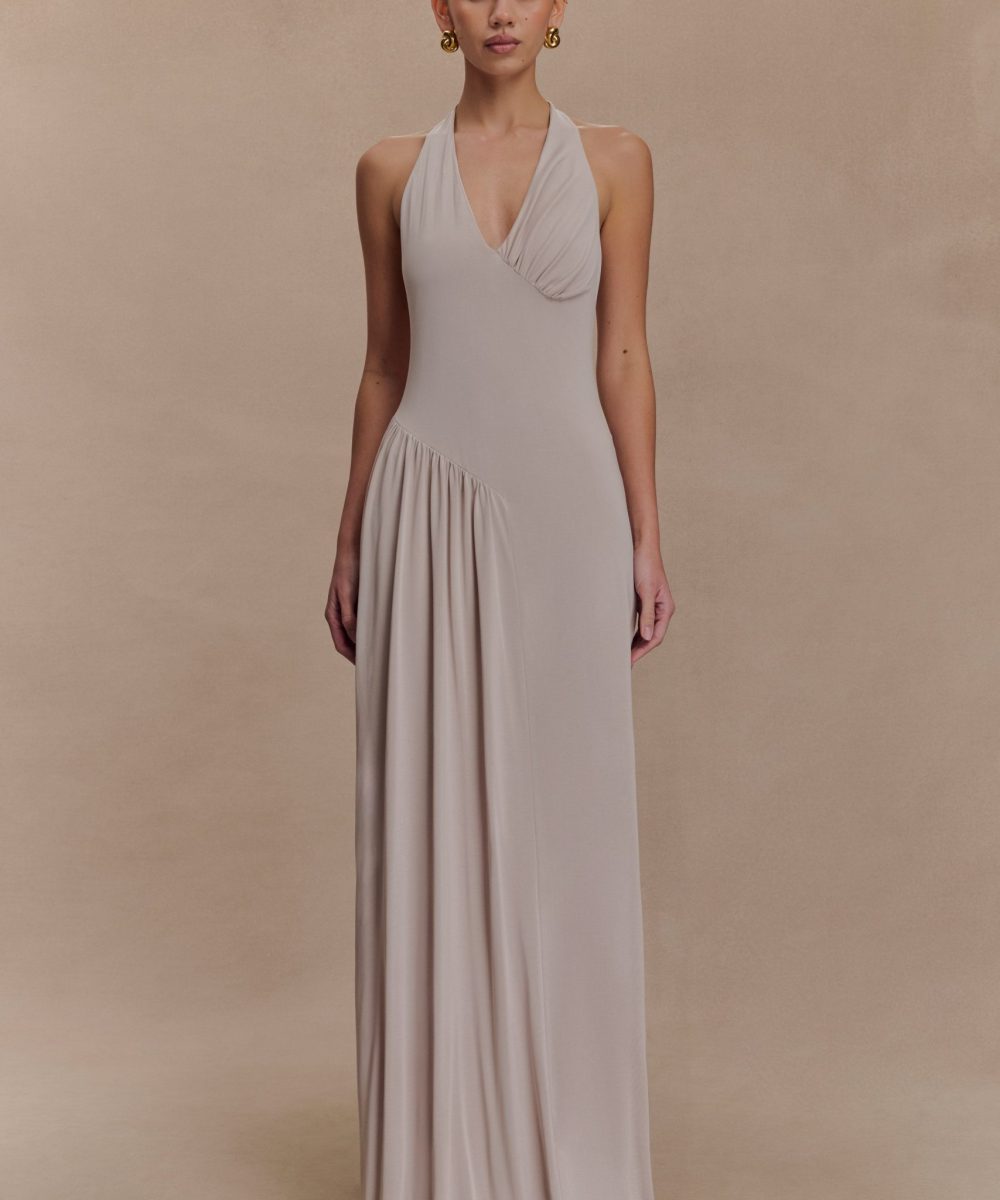 Yelena Ruched Halter Maxi Dress - Taupe