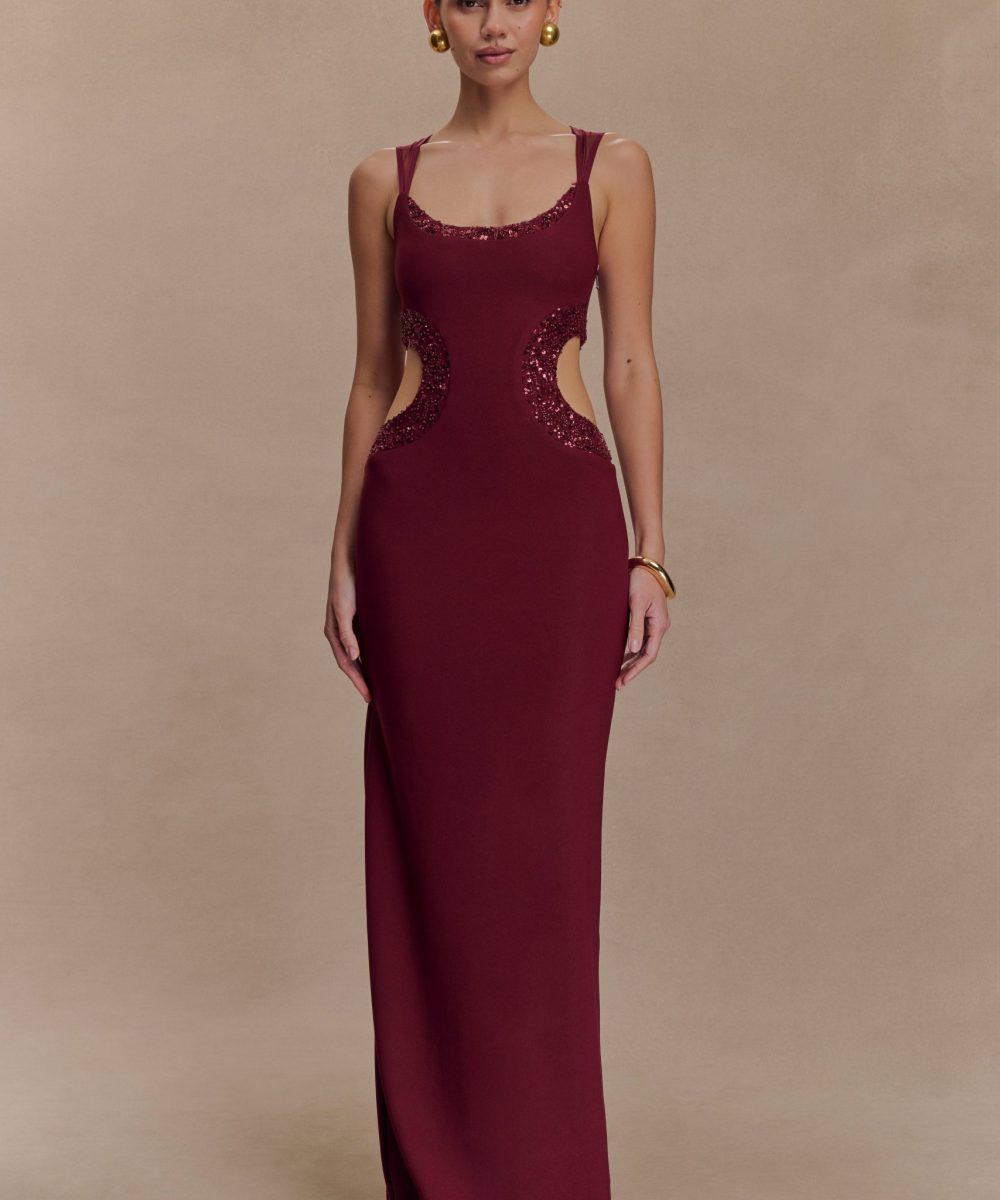 Angelique Beaded Crepe Maxi Dress - Wine