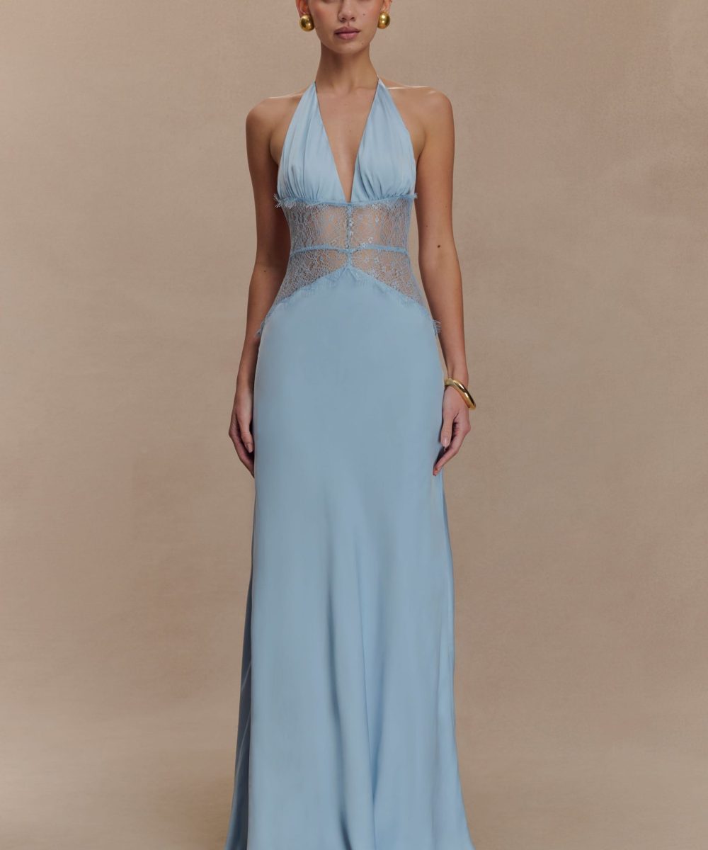 Dinah Lace And Satin Maxi Dress - Cornflower Blue