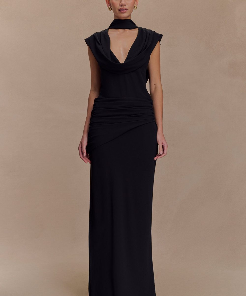 Giulia Chiffon Draped Maxi Dress - Black