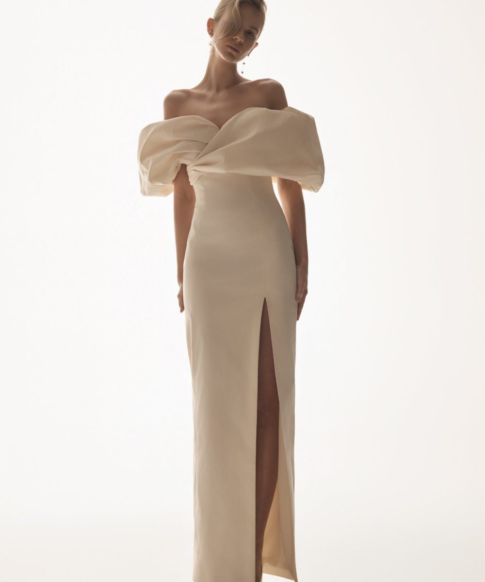 Angelica Taffeta Off Shoulder Bridal Gown - Soft Beige