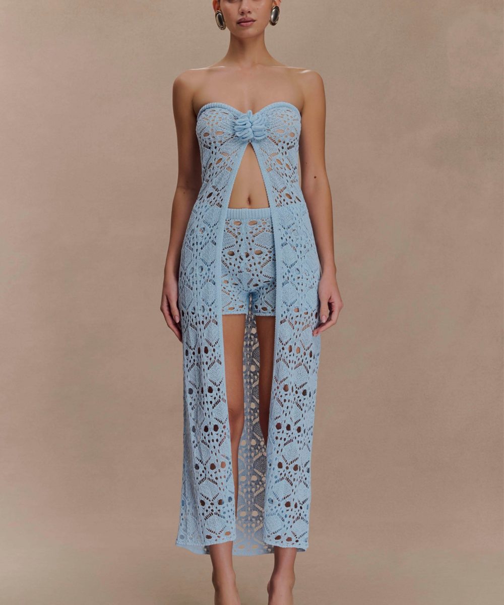 Aeline Strapless Crochet Knit Top - Sky Blue