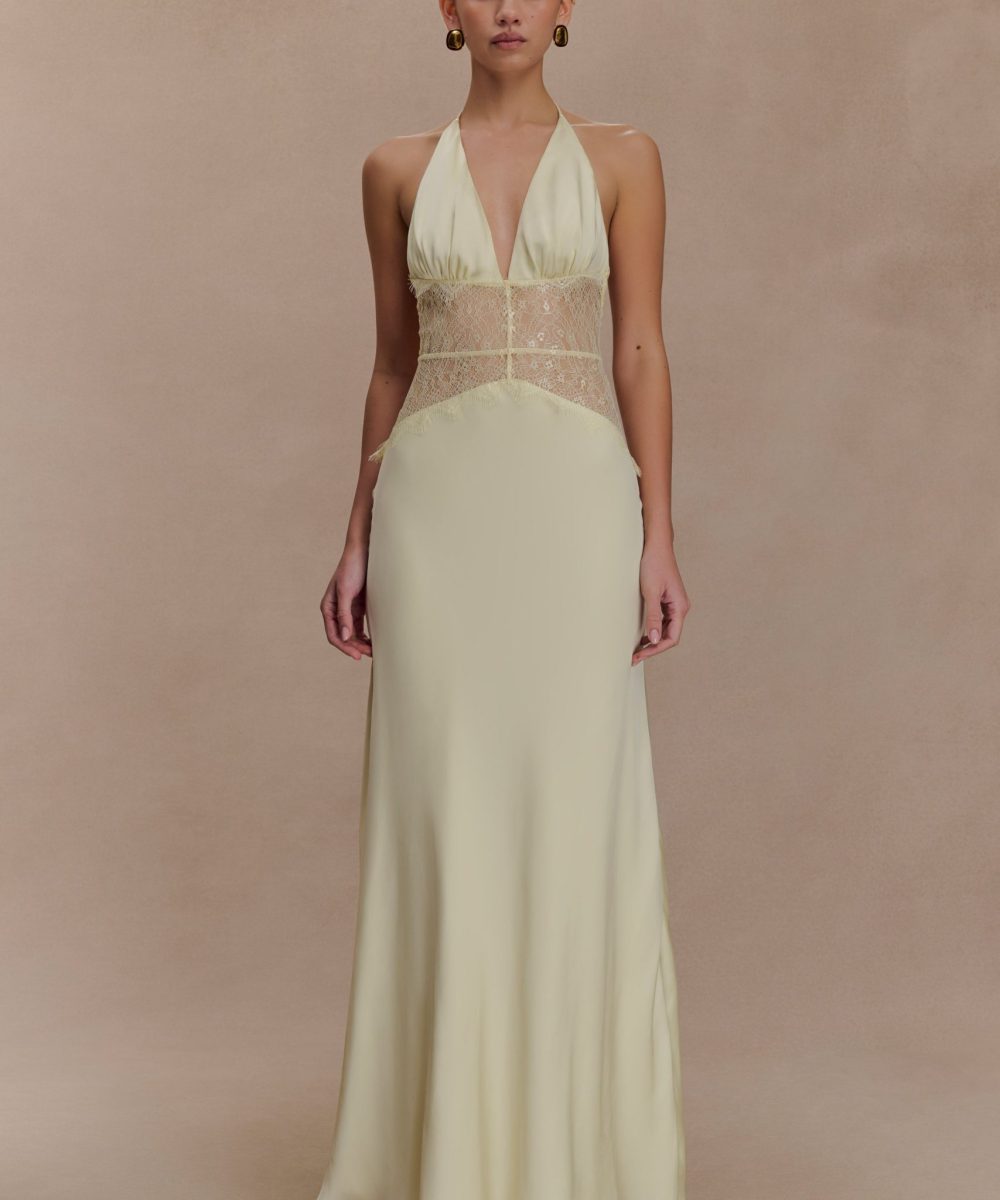 Dinah Lace And Satin Maxi Dress - Lemon