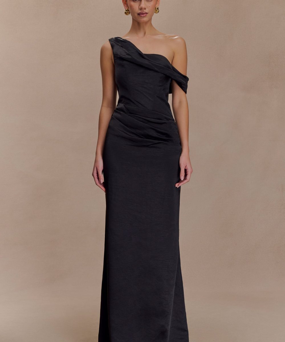 Dalia Off Shoulder Satin Maxi Dress - Black
