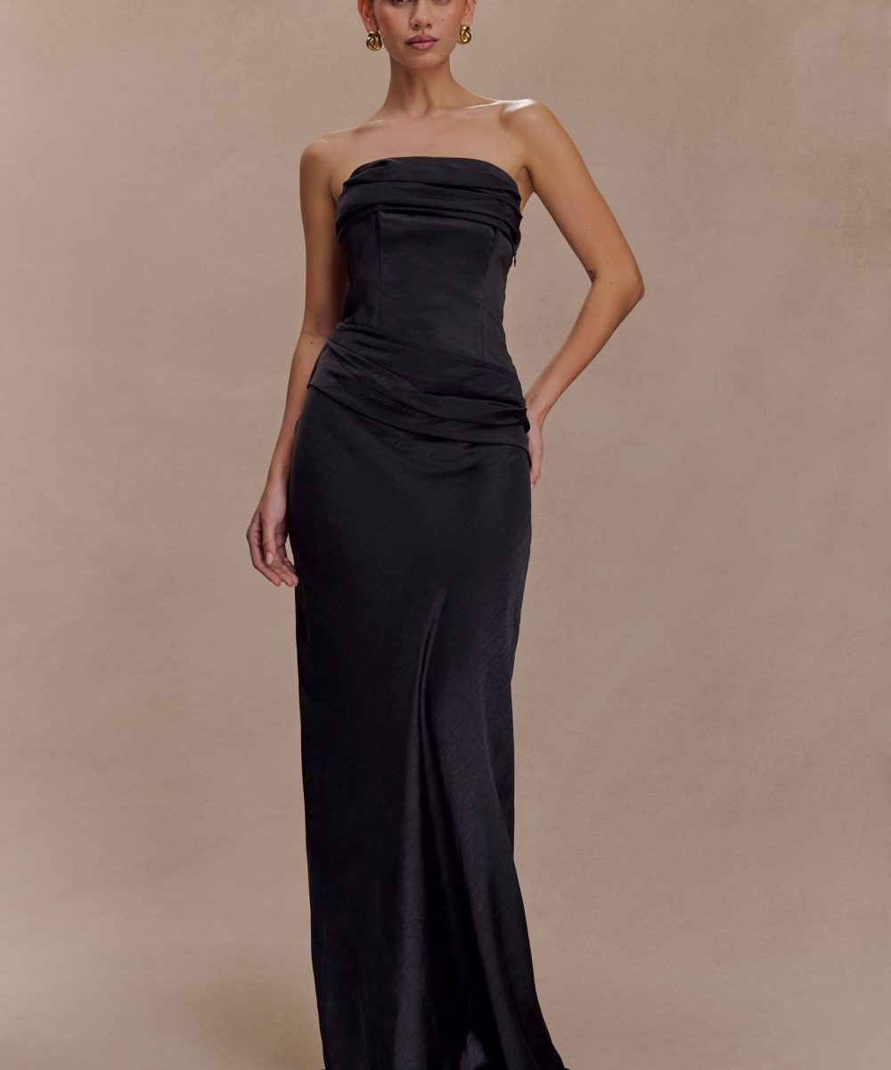 Jasmine Strapless Satin Maxi Dress - Black