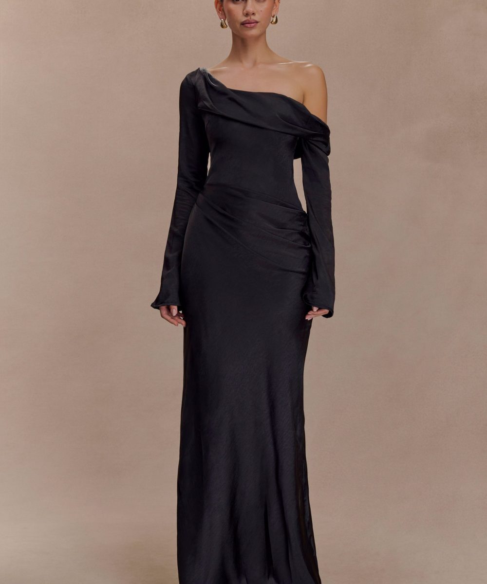Iris Long Sleeve Satin Maxi Dress - Black