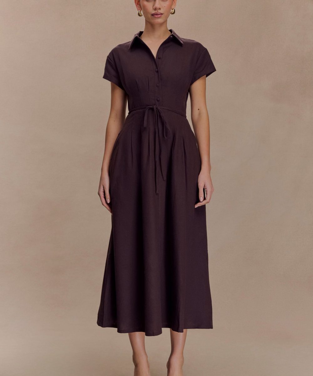 Aysha Buttoned Linen Midi Dress - Chocolate