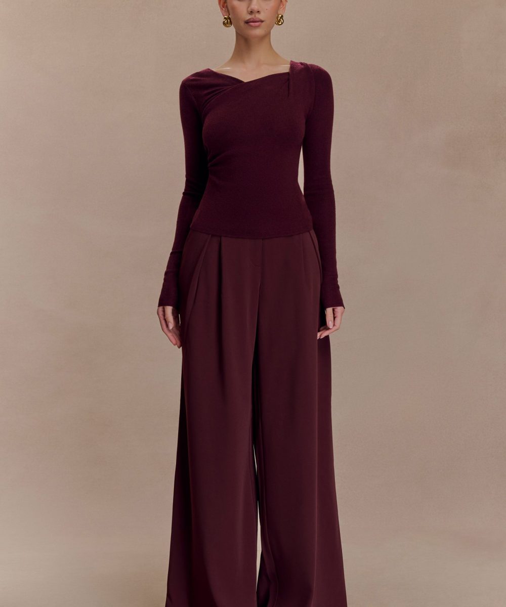 Culver Draped Twist Knit Top - Wine