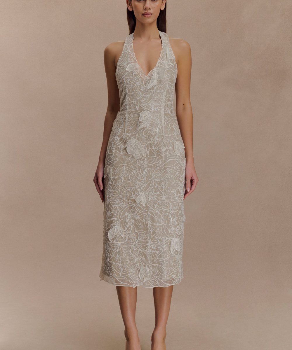 Lenore Silk Lace Halter Midi Dress - Ivory