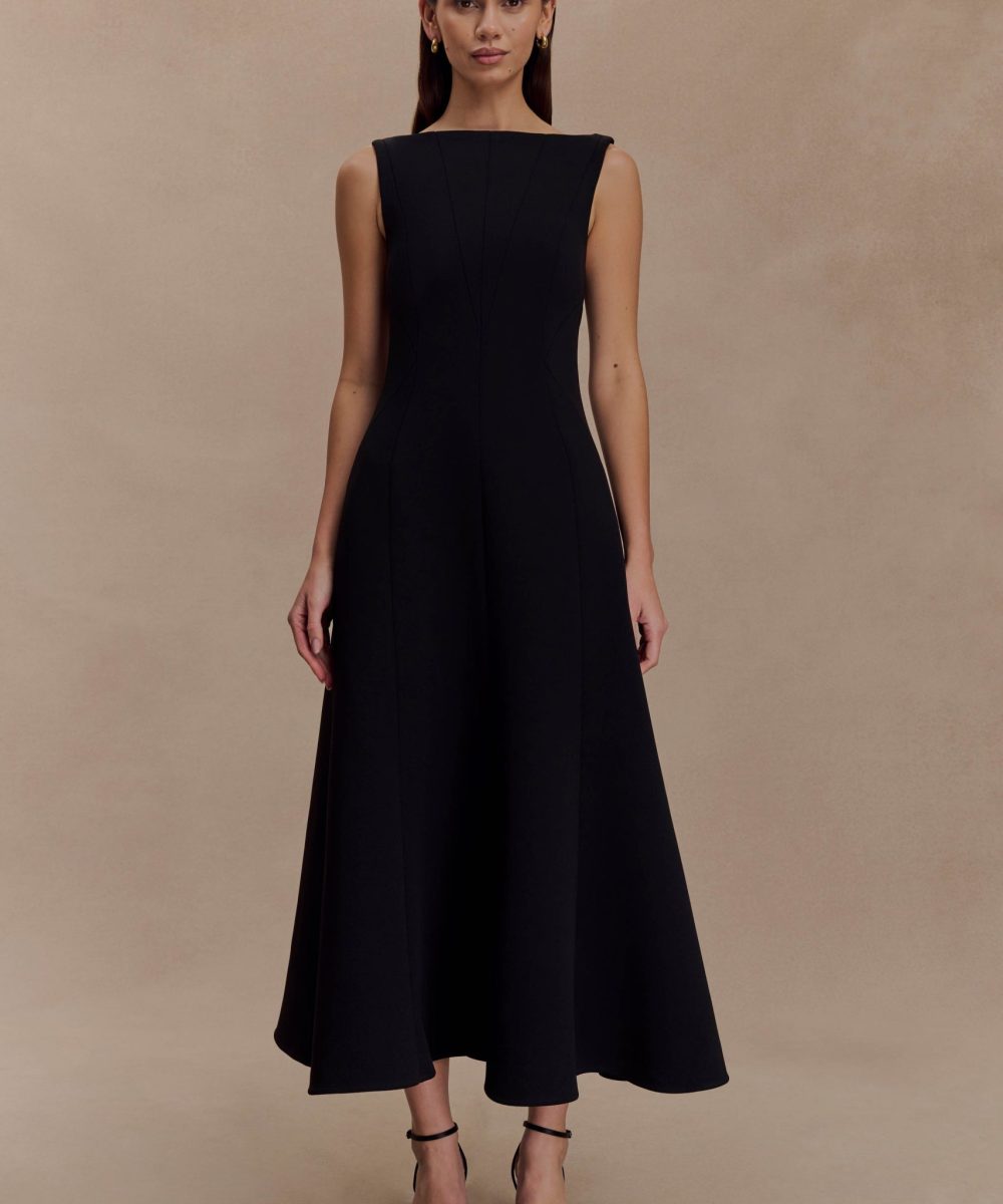 Callista Crepe A-Line Midi Dress - Black