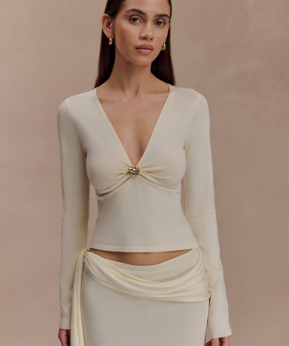 Miraby Front Ruched Knit Long Sleeve Top - Ivory