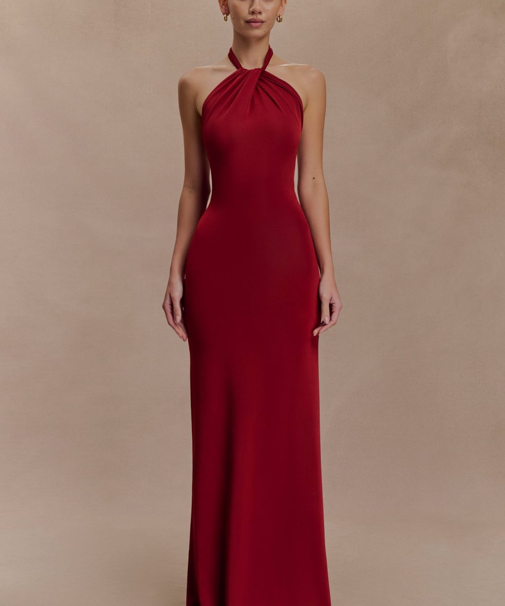 Elyna Slinky Halter Maxi Dress - Deep Red