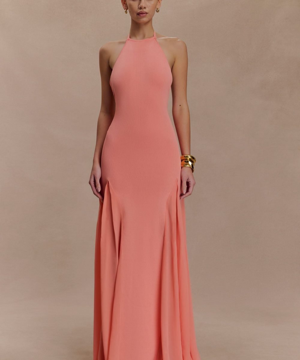 Soleil Knit And Mesh Halter Maxi Dress - Coral