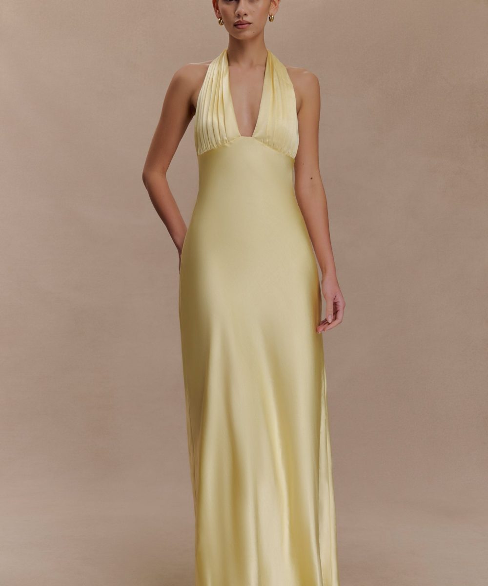 Alice Satin Halter Maxi Dress - Lemon